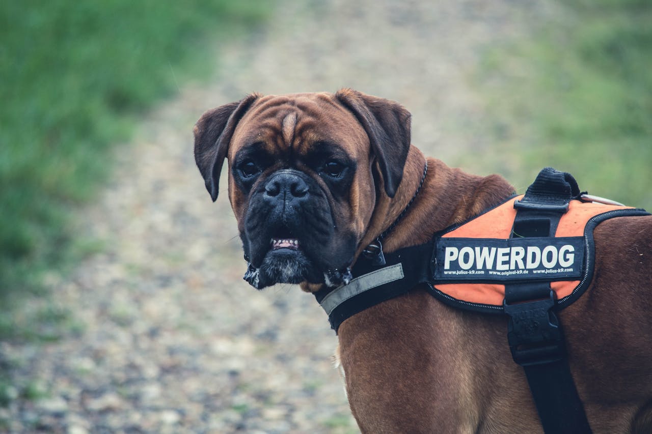 Brown boxer dog wearing a Powerdog harness in an outdoor park setting looking alert and focused.